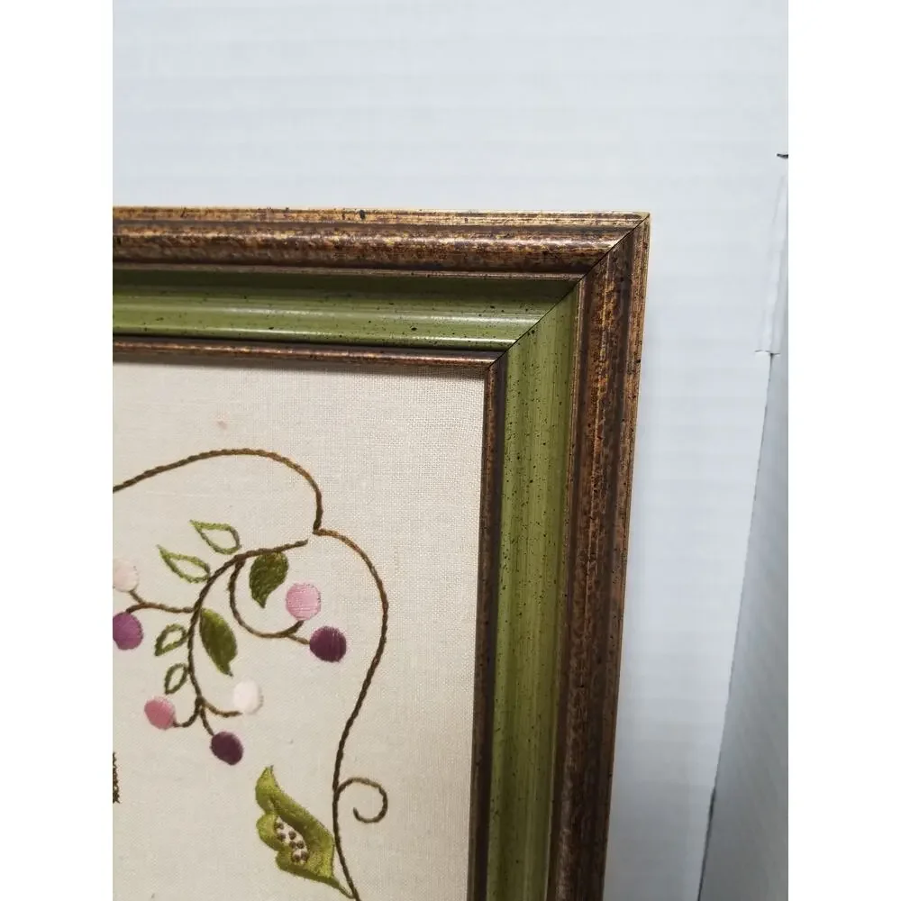 Vintage 18x20 Framed Handmade God Grant Serenity Cross Stitch Embroidery Floral